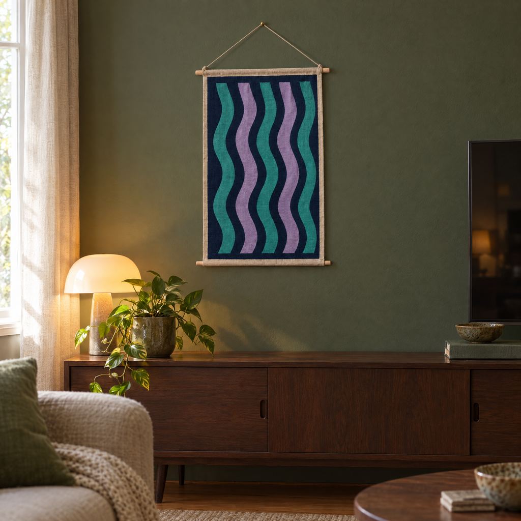Aurora wall hanging on a sage green wall above a dark wood cabinet