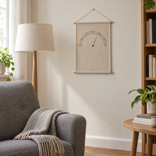Barometer wall hanging beside a grey armchair and floor lamp