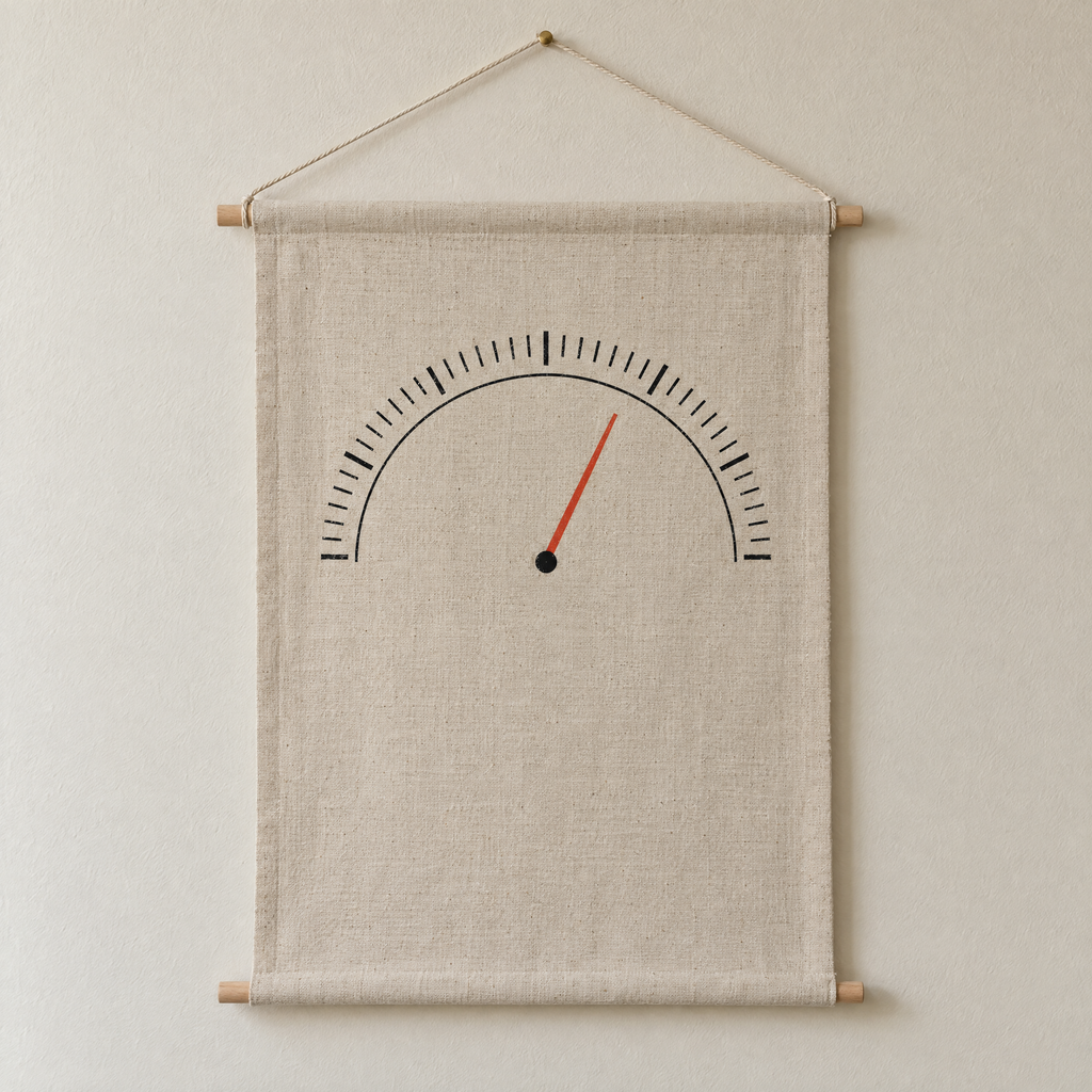 Barometer screen-printed canvas wall hanging on beech dowels, hung on a plain wall