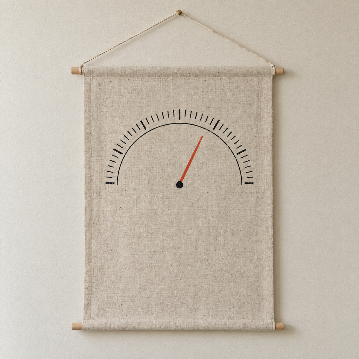 Barometer screen-printed canvas wall hanging on beech dowels, hung on a plain wall