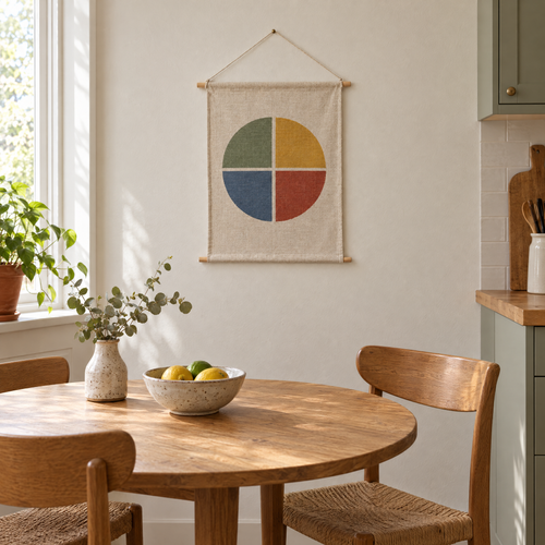 Four Seasons wall hanging above a round oak dining table