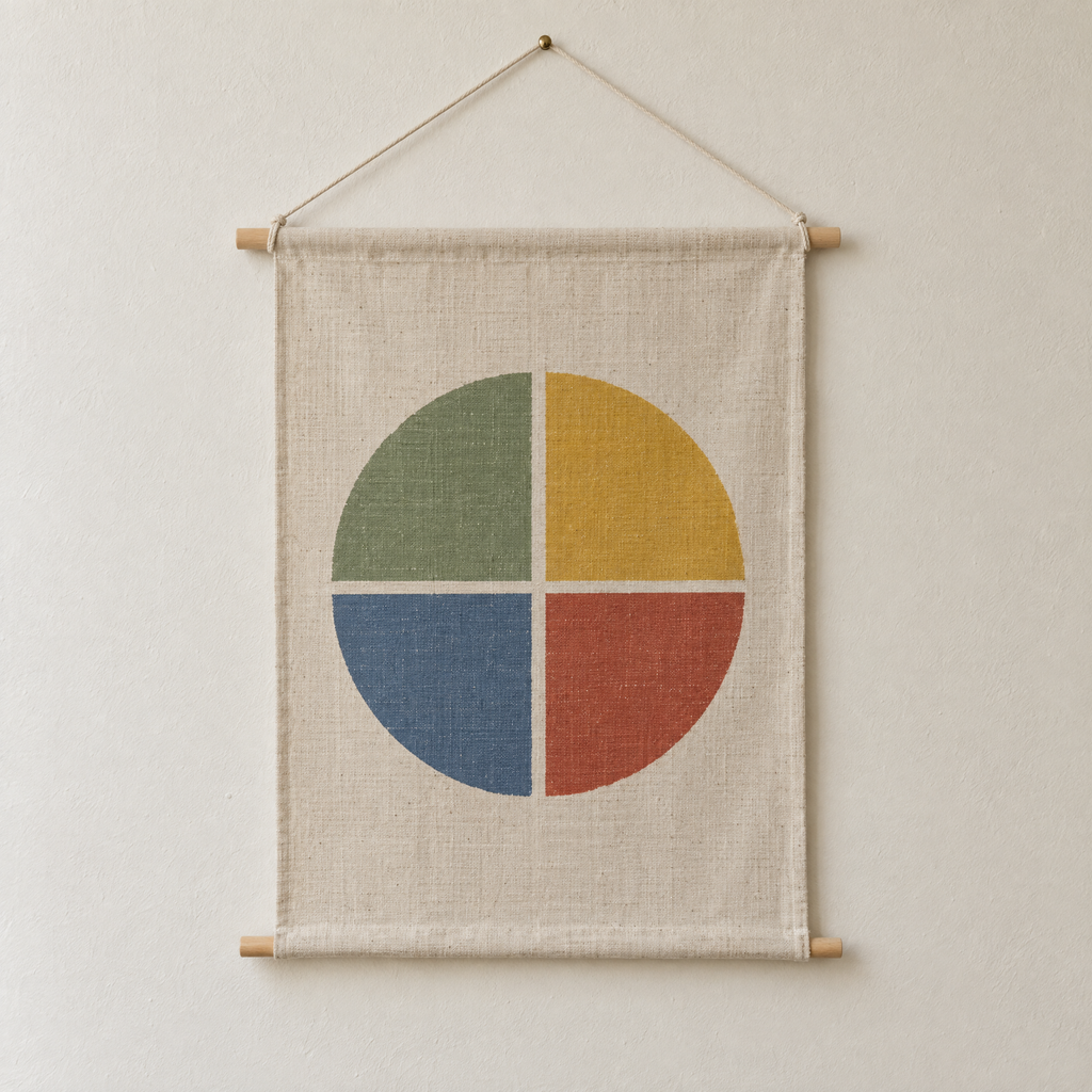 Four Seasons screen-printed canvas wall hanging on beech dowels, hung on a plain wall