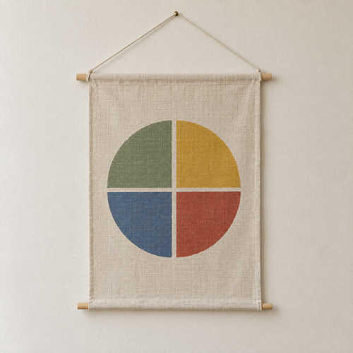 Four Seasons screen-printed canvas wall hanging on beech dowels, hung on a plain wall
