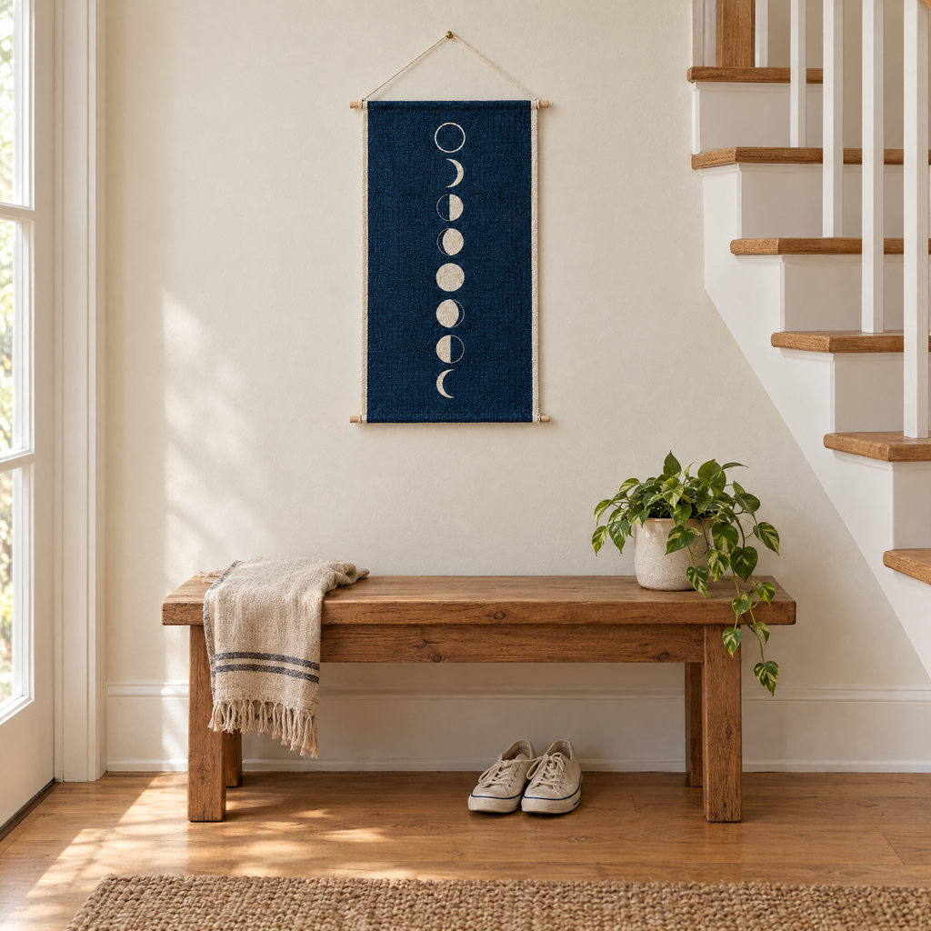 Moon Phases wall hanging above a wooden bench at the foot of a staircase