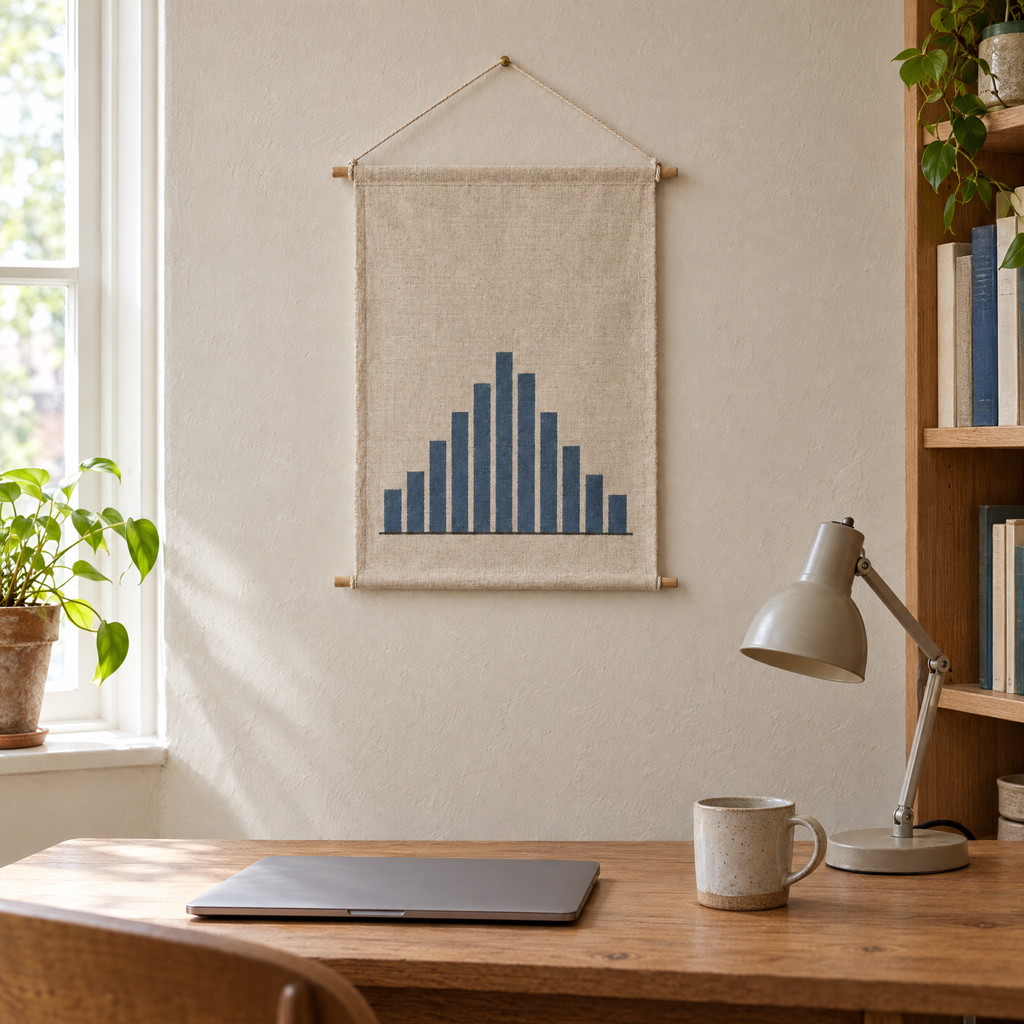 Rainfall wall hanging above a wooden desk in a home study