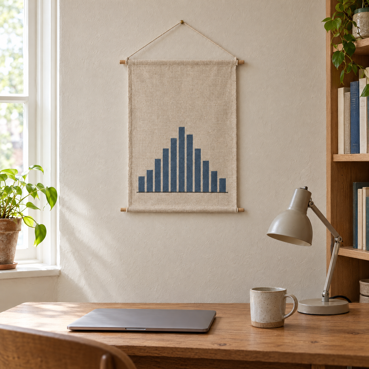 Rainfall wall hanging above a wooden desk in a home study