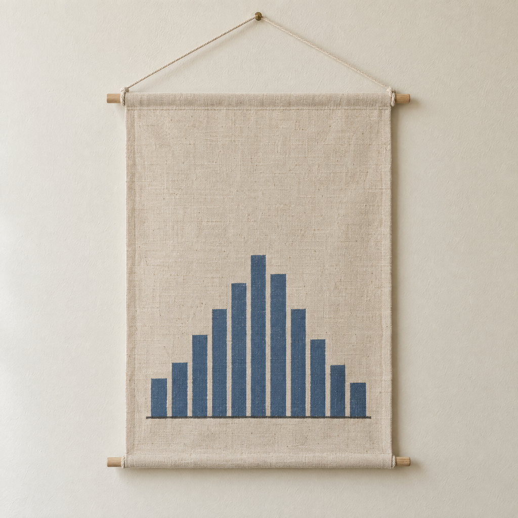 Rainfall screen-printed canvas wall hanging on beech dowels, hung on a plain wall