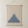 Rainfall screen-printed canvas wall hanging on beech dowels, hung on a plain wall