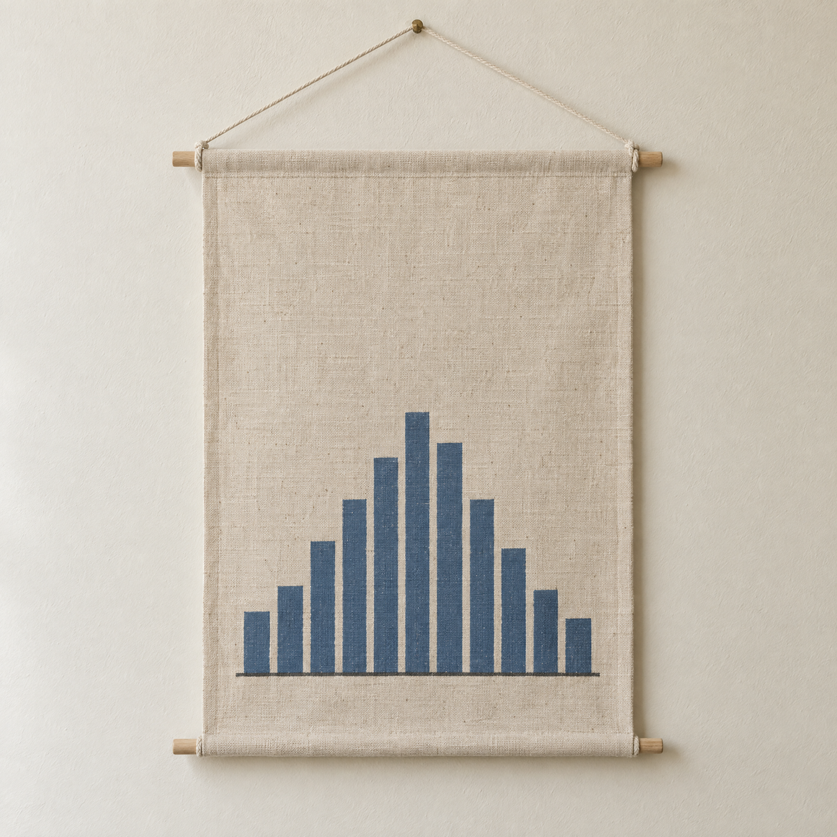 Rainfall screen-printed canvas wall hanging on beech dowels, hung on a plain wall