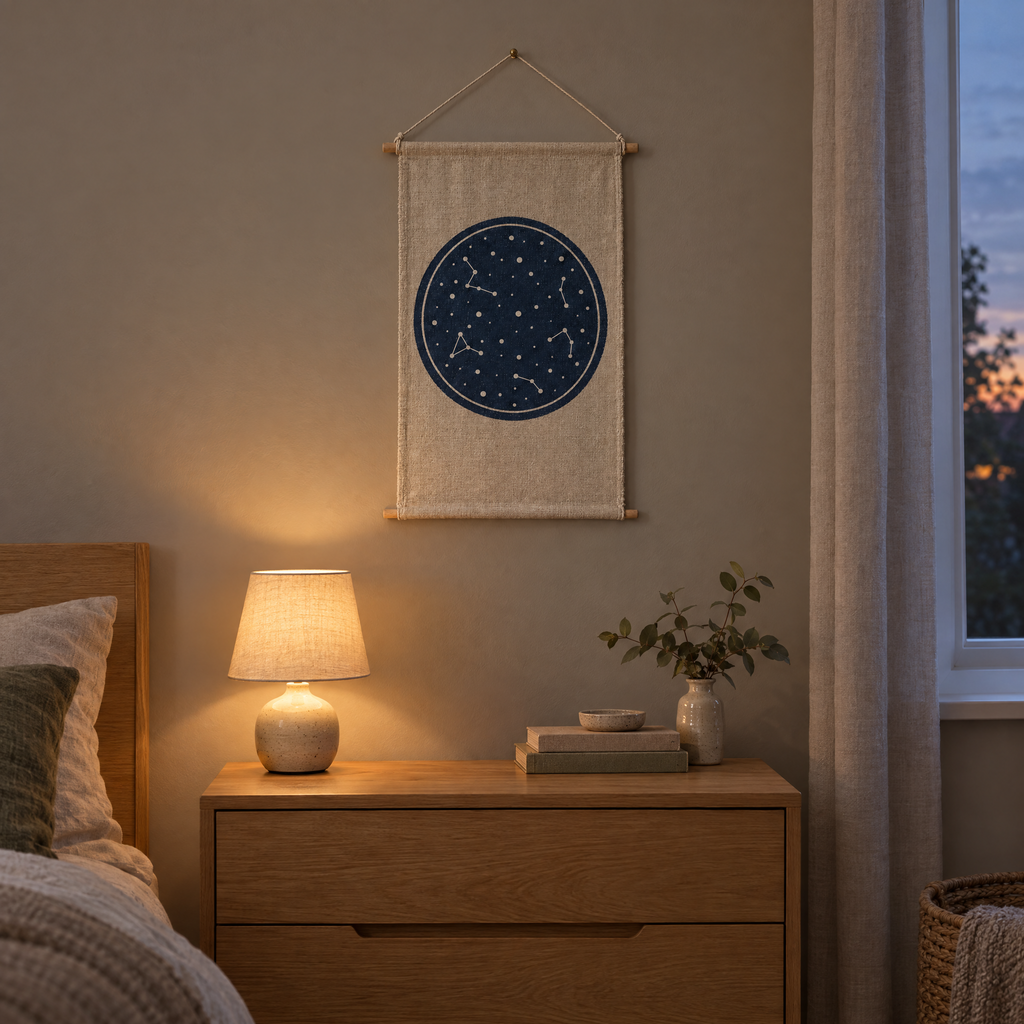 Star Chart wall hanging above an oak chest of drawers in a bedroom