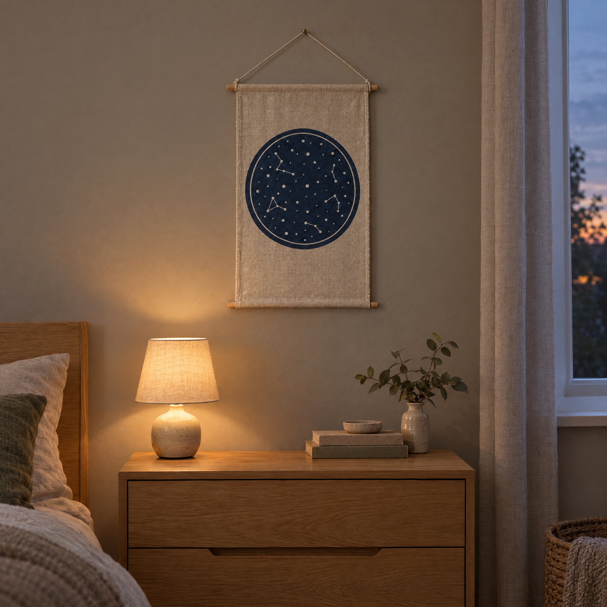 Star Chart wall hanging above an oak chest of drawers in a bedroom
