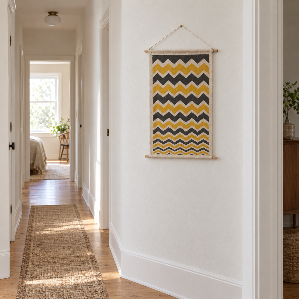 Storm Front wall hanging at the end of a hallway with oak floorboards