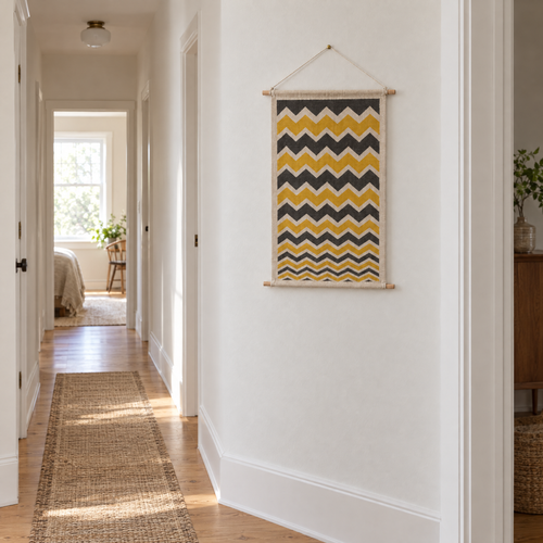 Storm Front wall hanging at the end of a hallway with oak floorboards