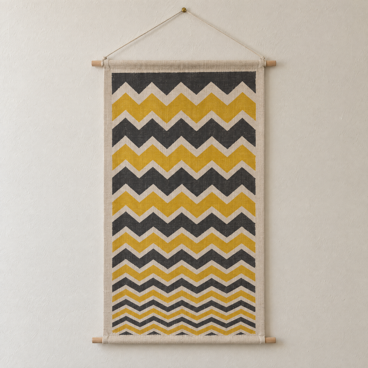Storm Front screen-printed canvas wall hanging on beech dowels, hung on a plain wall