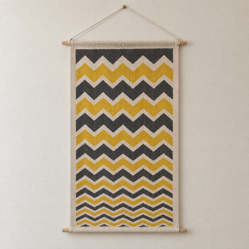 Storm Front screen-printed canvas wall hanging on beech dowels, hung on a plain wall