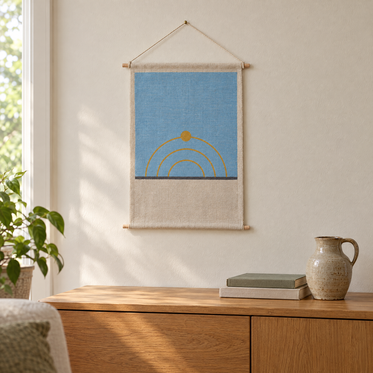 Sun Path wall hanging above an oak sideboard in a living room