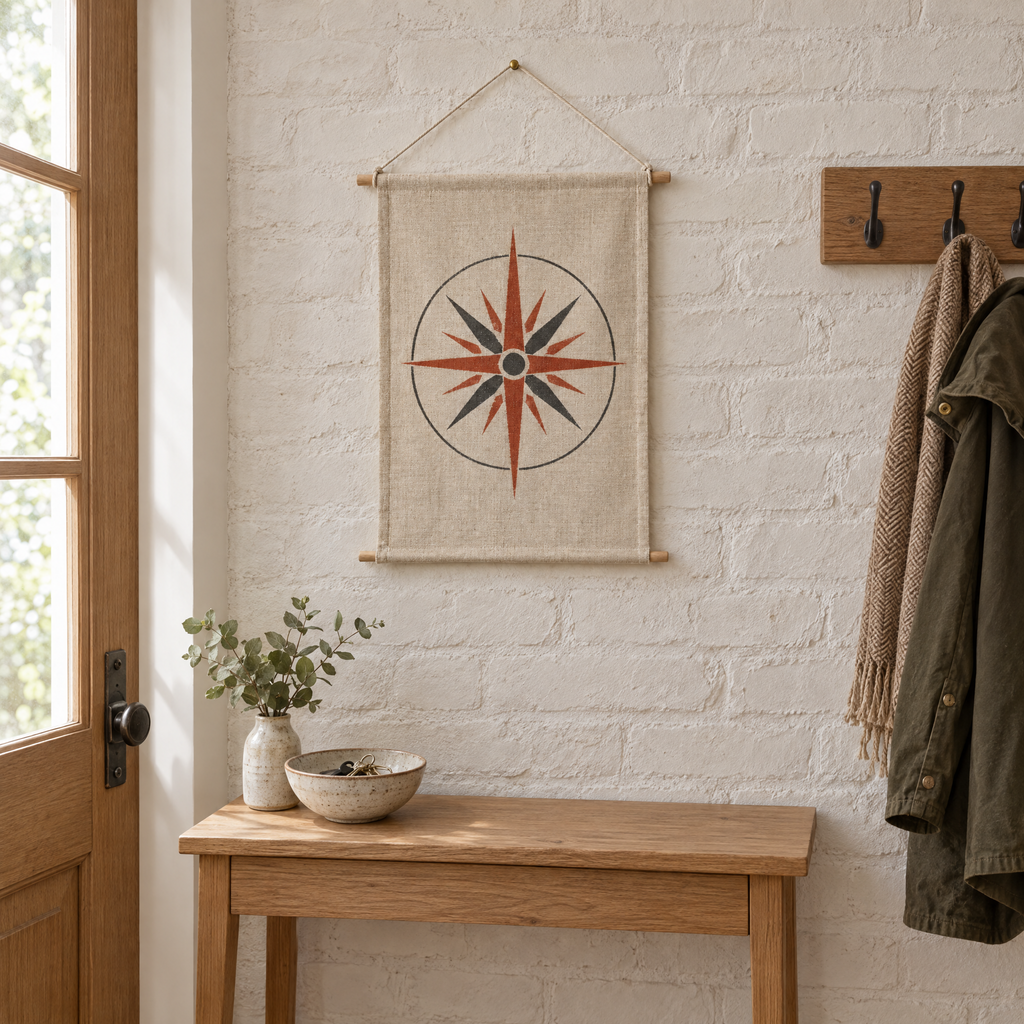 Wind Rose wall hanging on a whitewashed brick wall above a console table