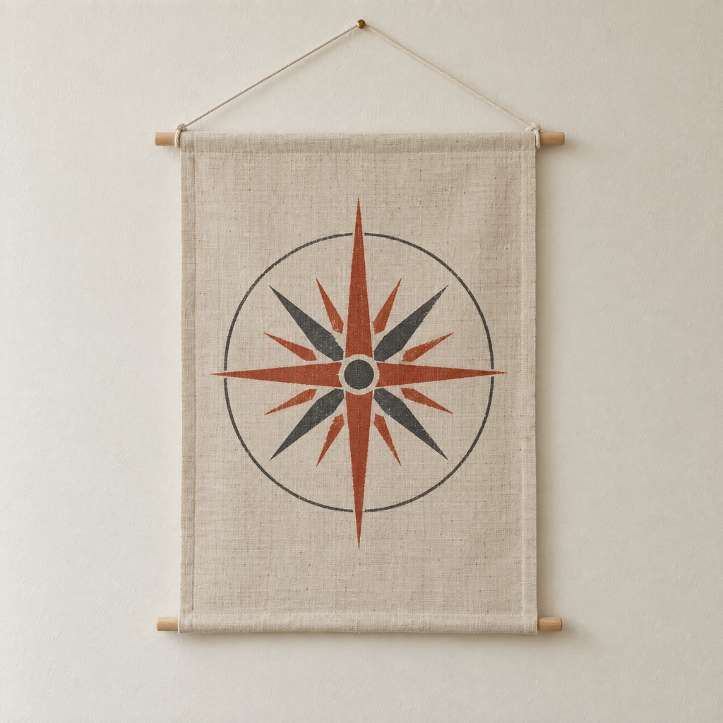 Wind Rose screen-printed canvas wall hanging on beech dowels, hung on a plain wall